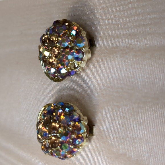 Vintage 60s Ab Crystal Earrings Peach Fruit Clip-on Mid Century - Picture 5 of 10